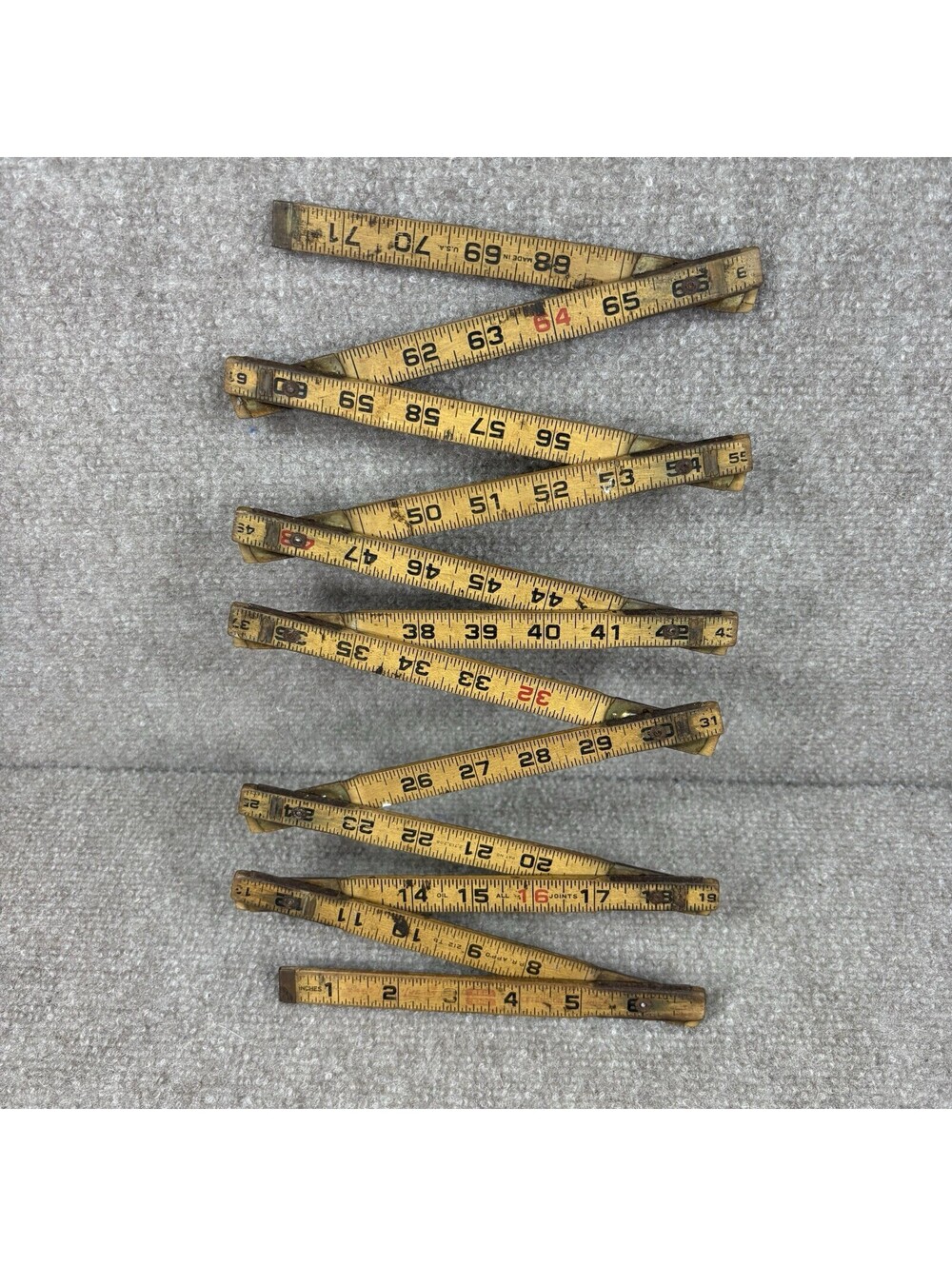 Vintage 72" Lufkin Wooden Folding Ruler Red End, Brass Tips, Lock Joints